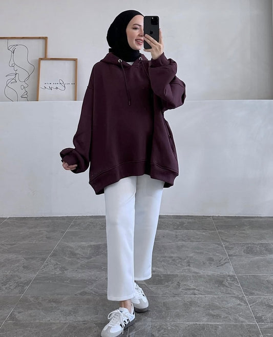 Oversized Plain Hoodie - Dark Mauve