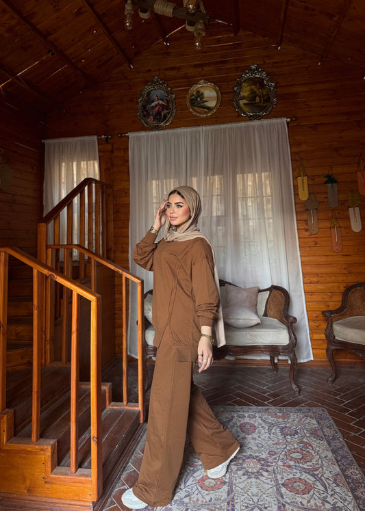 Trendy Women’s Summer Cotton Suit - Brown